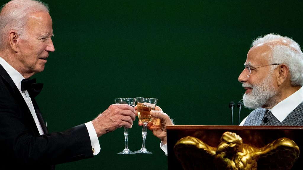 U.S. President Joe Biden and Indian Prime Minister Narendra Modi toast during an official State Dinner in honor of Modi, at the White House in Washington, D.C., U.S., June 22, 2023. /CFP