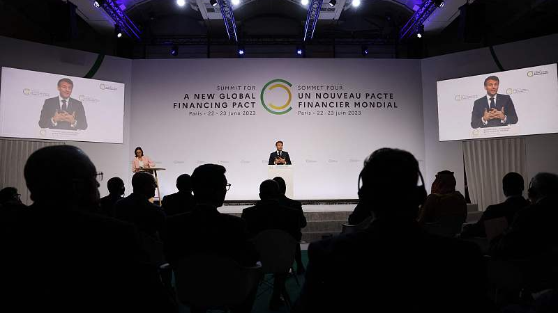 French President Emmanuel Macron delivers a speech during the opening session of the New Global Financial Pact Summit at the Palais Brogniart in Paris, June 22, 2023. /CFP