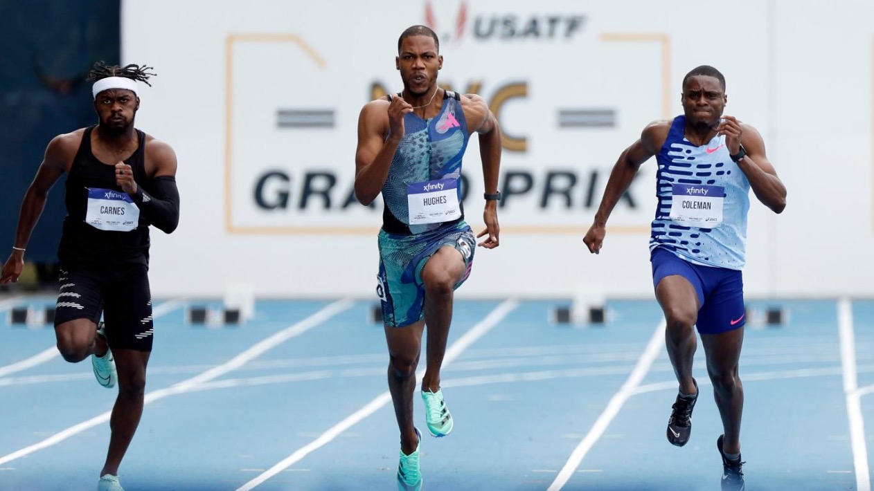 Zharnel Hughes (C) during the men's 100m final at the NYC Grand Prix, U.S., June 24, 2023. /CFP