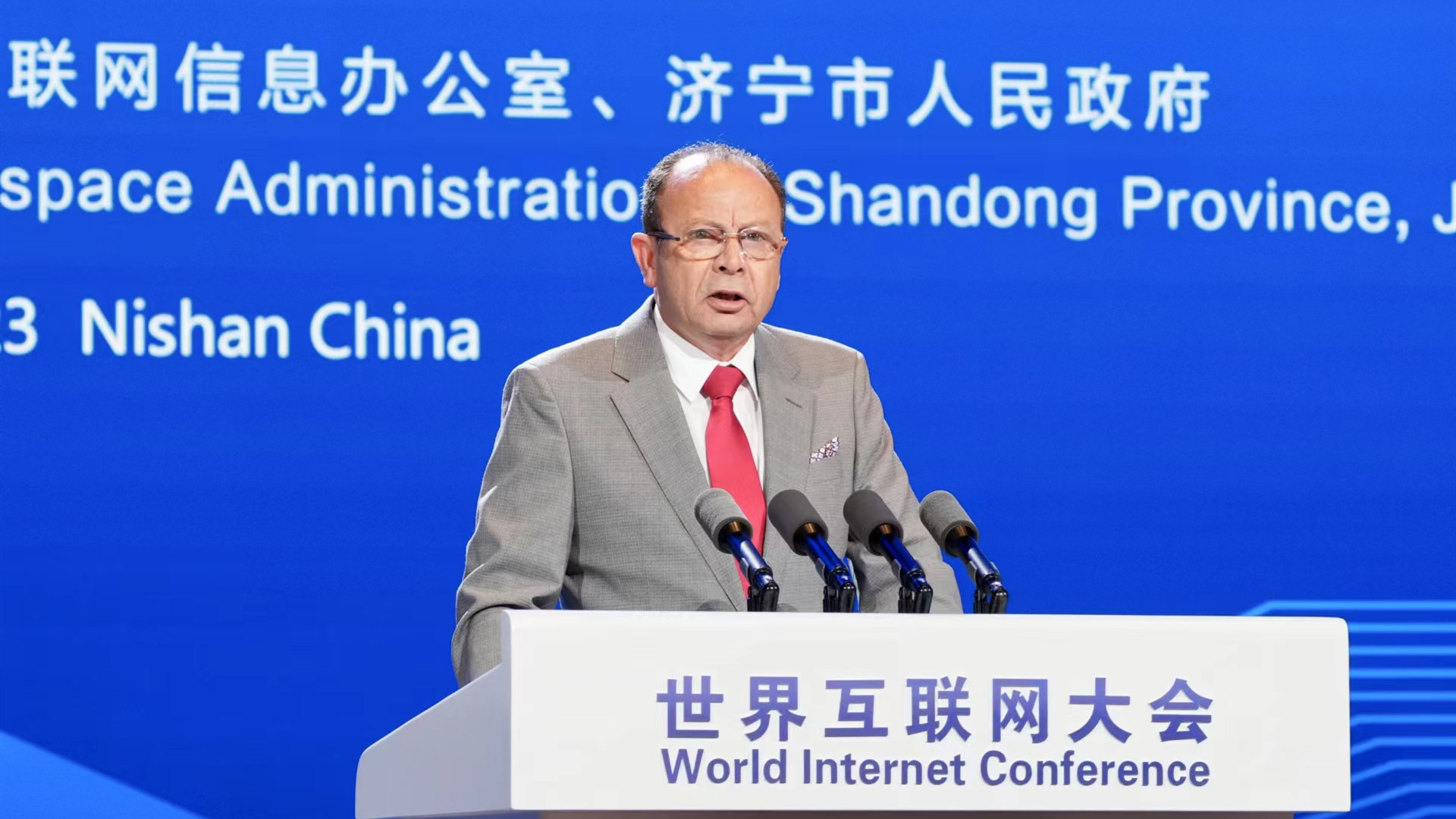 Mohamed Ben Amor, director general of Arab ICT Organization, addresses the World Internet Conference Nishan Dialogue on Digital Civilization in Qufu, east China's Shandong Province, June 26, 2023. /WIC