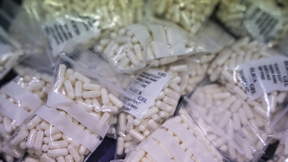 Pills seized at synthetic drug warehouses in Madrid, Spain, June 21, 2023. /CFP