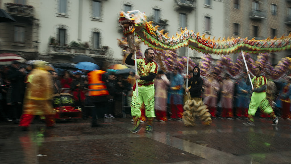 Locals celebrate the New Year with their colorful Golden Dragon Parade, the Chinese lion dance, in Milan, Italy, February 10, 2019. /CFP