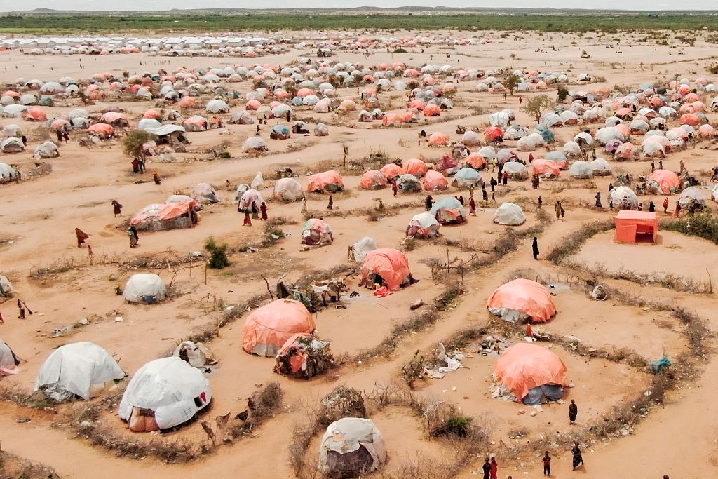 Aerial view shows makeshift structures of people displaced by drought at the Ladan internally displaced people camp in Dolow, Somalia in the Horn of Africa on May 1, 2023. /CFP