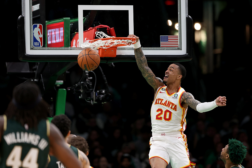 John Collins (#20) of the Atlanta Hawks dunks in Game 5 of the NBA Eastern Conference first-round playoffs against the Boston Celtics at TD Garden in Boston, Massachusetts, April 25, 2023. /CFP