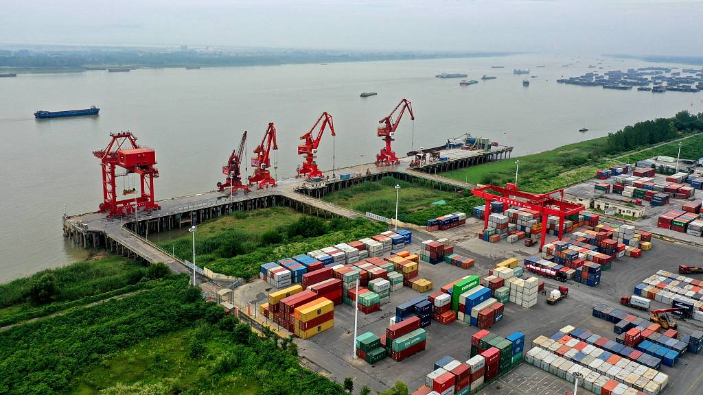 A view of the Yangtze River foreign trade wharf in Tongling Port, central China's Anhui Province, June 16, 2023. /CFP