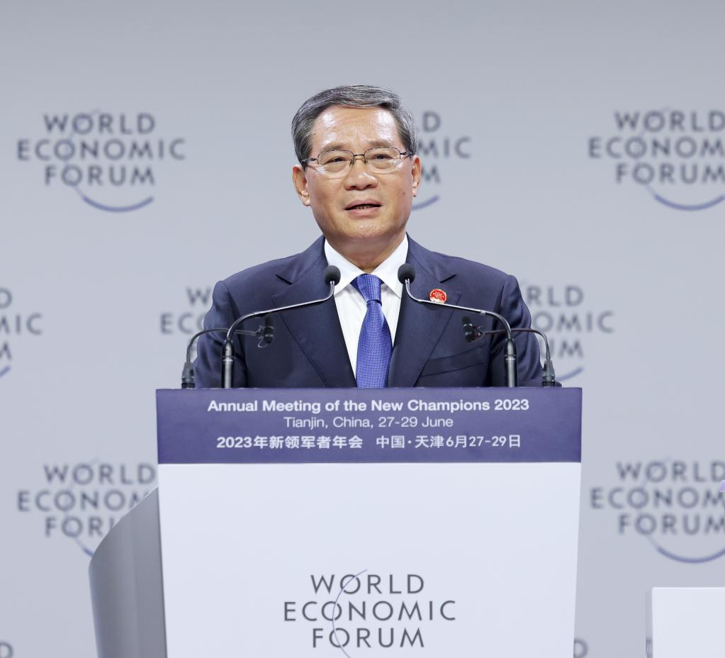 Chinese Premier Li Qiang addresses the opening of the 14th Annual Meeting of the New Champions, or the Summer Davos, in north China's Tianjin Municipality, June 27, 2023. /Xinhua