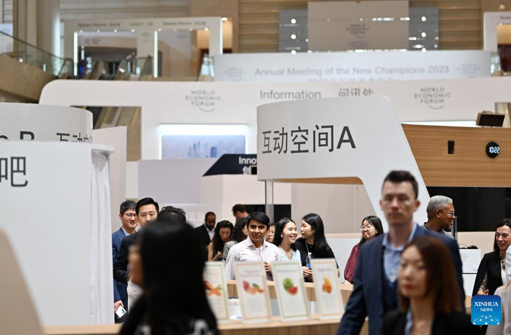 A June 25, 2023 photo showing a view inside the Tianjin Meijiang Convention Center, the venue for the 14th Annual Meeting of the New Champions, also known as the Summer Davos Forum, in north China's Tianjin Municipality, China. /Xinhua