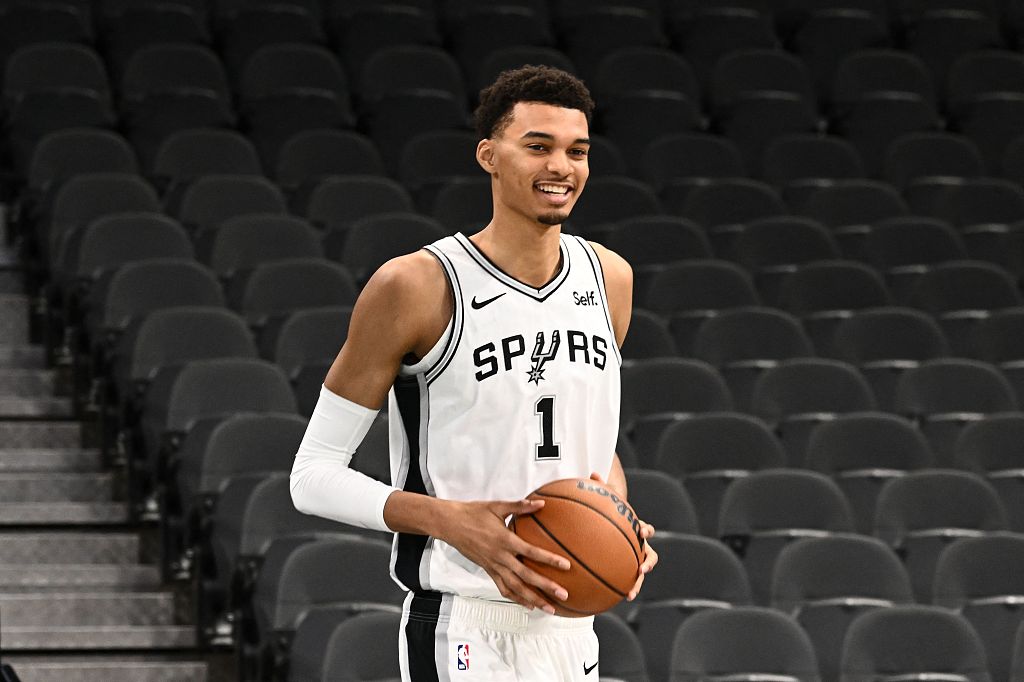 Victor Wembanyama of the San Antonio Spurs looks on after the press conference at the AT&T Center in San Antonio, Texas, April 24, 2023. /CFP