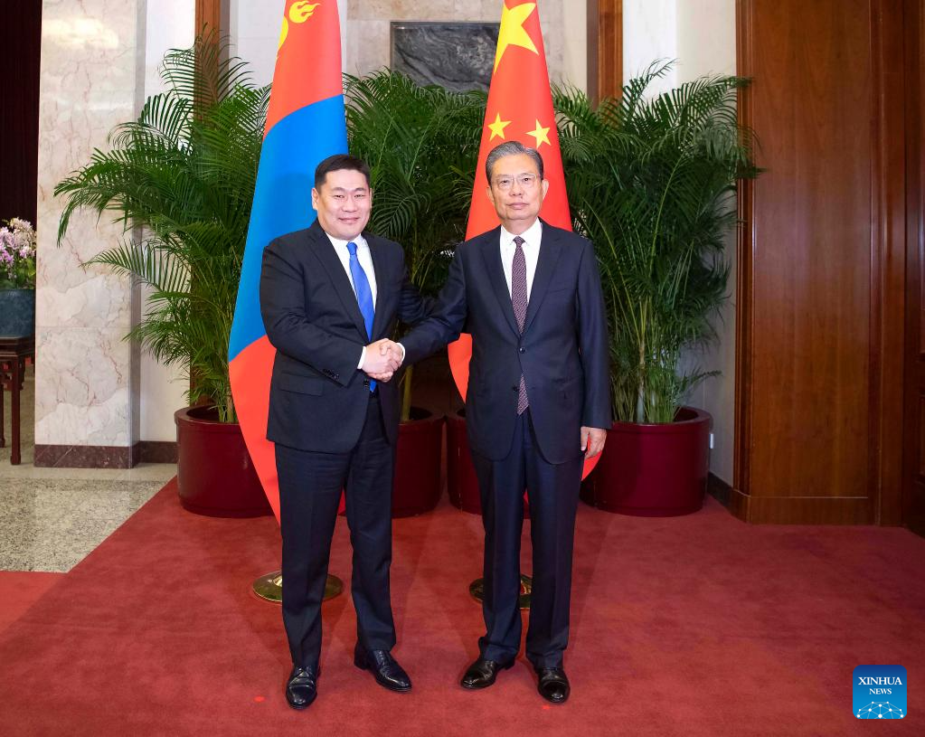 China's top legislator Zhao Leji meets with Prime Minister of Mongolia Luvsannamsrai Oyun-Erdene in Beijing, China, June 27, 2023. /Xinhua