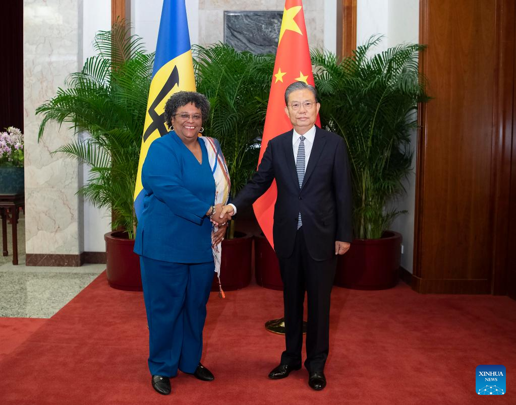 China's top legislator Zhao Leji meets with Prime Minister of Barbados Mia Amor Mottley in Beijing, China, June 27, 2023. /Xinhua