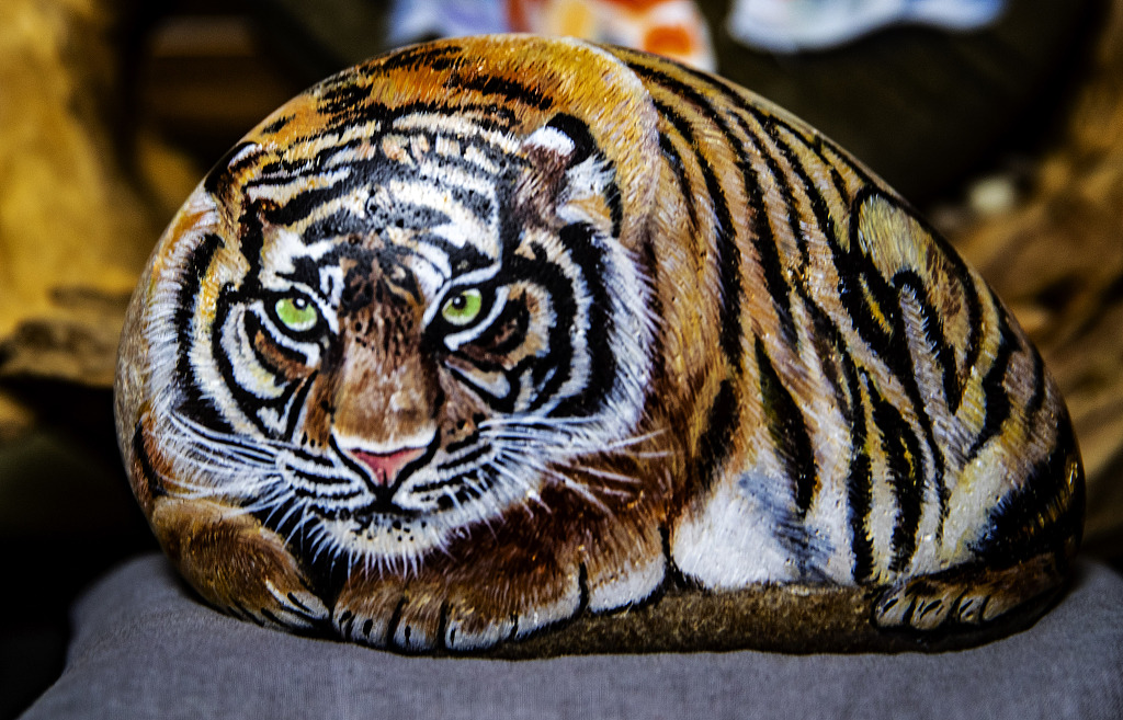An image of a tiger is painted onto a stone by an artist from Shandong Province. /CFP