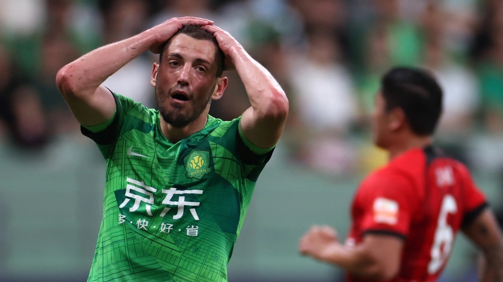 Beijing Guoan's Arijan Ademi reacts after his goal is ruled out during their Chinese Super League clash with Shanghai Port at the new Workers' Stadium in Beijing, China, June 29, 2023. /Beijing Guoan