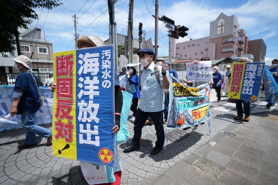 People protest against the Japanese government's plan to discharge nuclear-contaminated water into the sea in Fukushima, Japan, June 20, 2023. /Xinhua