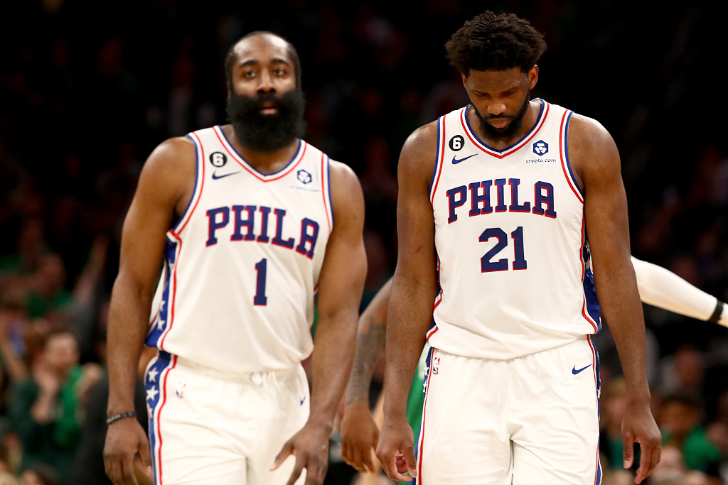 James Harden (#1) and Joel Embiid of the Philadelphia 76ers look on in Game 7 of the NBA Eastern Conference semifinals against the Boston Celtics at TD Garden in Boston, Massachusetts, May 14, 2023. /CFP