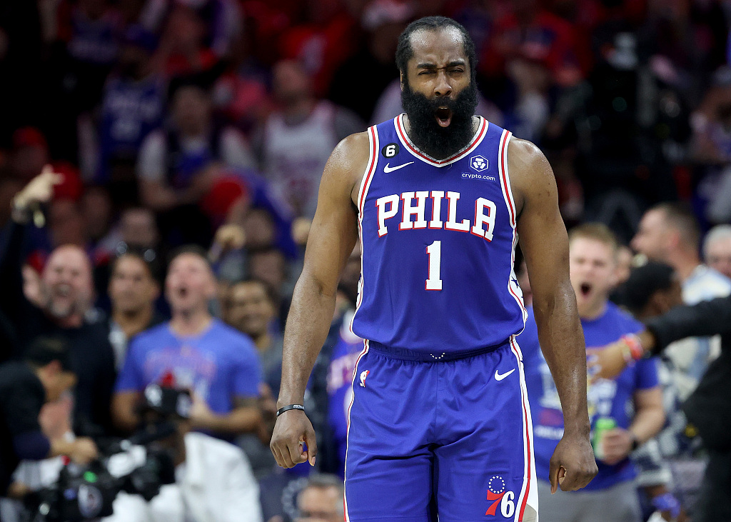 James Harden of the Philadelphia 76ers looks on in Game 6 of the NBA Eastern Conference semifinals against the Boston Celtics at the Wells Fargo Center in Philadelphia, Pennsylvania, May 11, 2023. /CFP