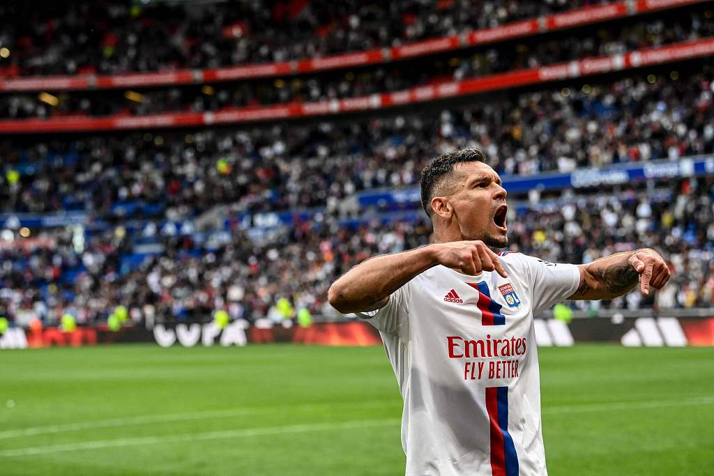 Lyon's Croatian defender Dejan Lovren celebrates after winning the Ligue 1 match between Lyon and Montpellier at the Groupama stadium in Decines-Charpieu, France, May 7, 2023. /CFP