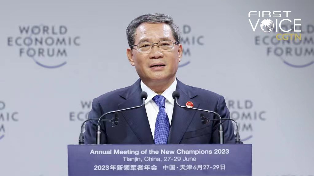 Chinese Premier Li Qiang addresses the opening ceremony of the Summer Davos Forum, north China's Tianjin Municipality, China, June 27, 2023. /Xinhua
