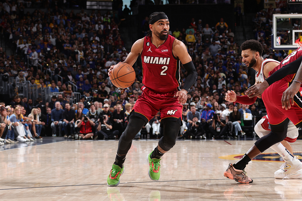 Gabe Vincent (#2) of the Miami Heat dribbles in Game 5 of the NBA Finals against the Denver Nuggets at Ball Arena in Denver, Colorado, June 13, 2023. /CFP