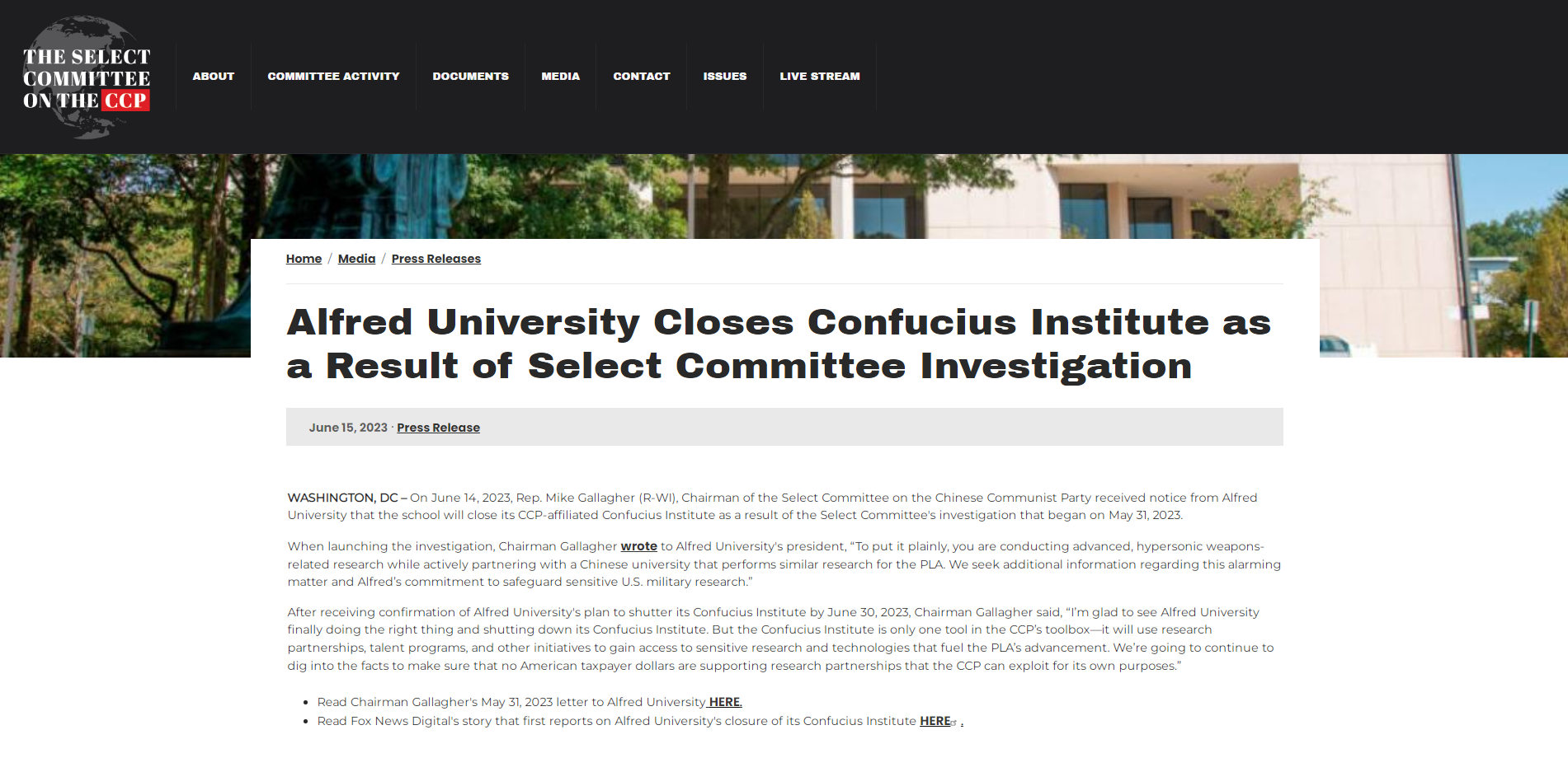 A screenshot of the Select Committee on the Chinese Communist Party's announcement that Alfred University will close its Confucius Institute.