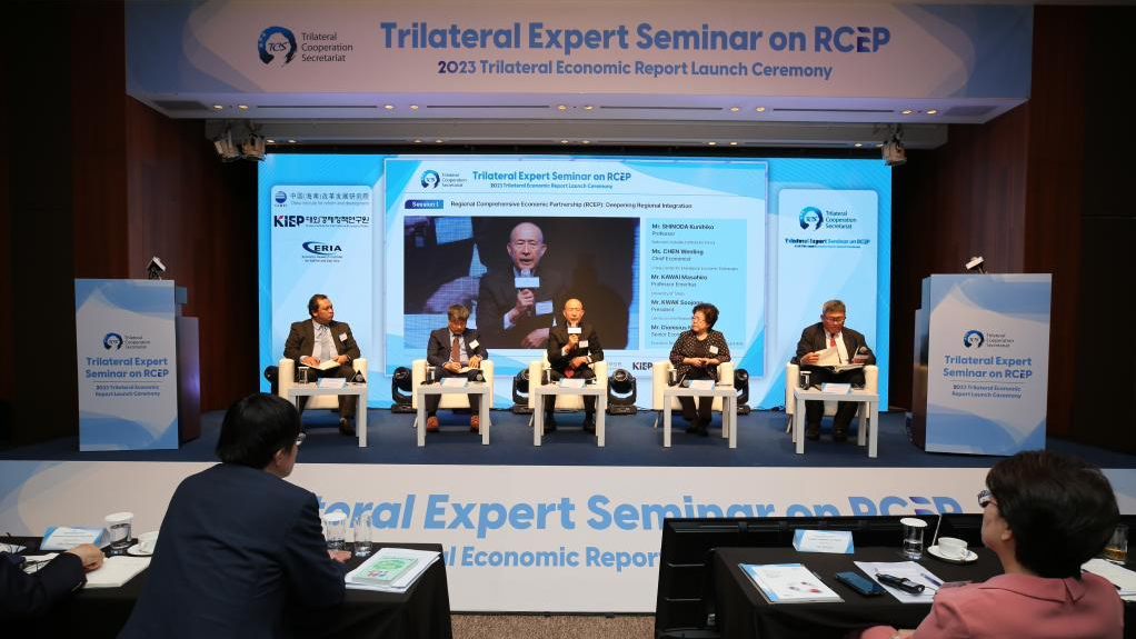 Participants from China, Japan and South Korea attend an expert seminar on the Regional Comprehensive Economic Partnership (RCEP) in Seoul, South Korea, June 22, 2023. /Xinhua