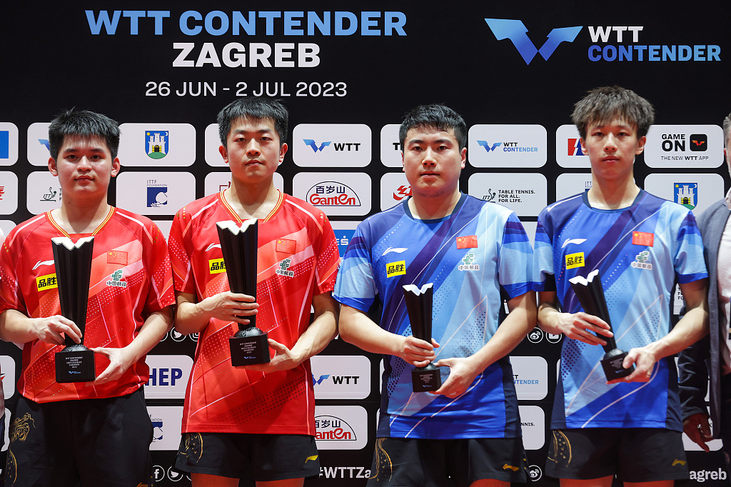 Lin Shidong/Yuan Licen (in red) and Liang Jingkun/Lin Gaoyuan at the men's doubles award ceremony at WTT Contender Zagreb in Zagreb, Croatia, July 2, 2023. /CFP