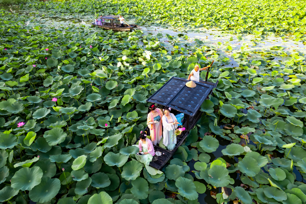 An aerial view shows visitors dressed in hanfu outfits posing for a photo on a boat at a lotus pond in Ningbo, Zhejiang, July 2, 2023. /CFP