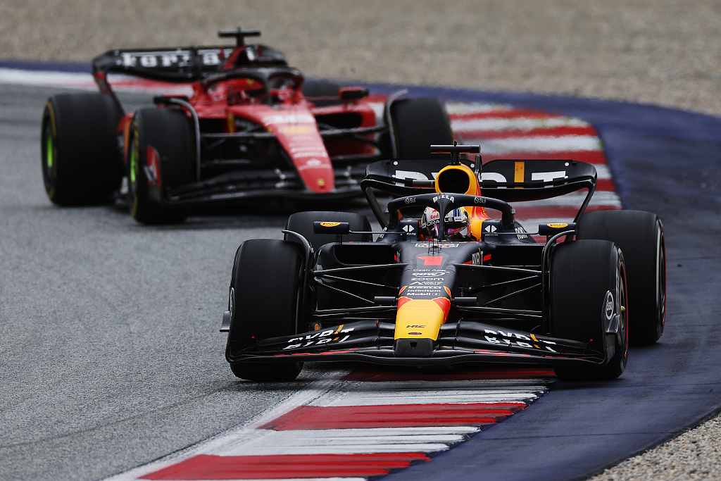 Max Verstappen driving the (#1) Red Bull race car leads Charles Leclerc of Ferrari during the F1 Austrian Grand Prix at Red Bull Ring in Spielberg, Austria, July 2, 2023. /CFP