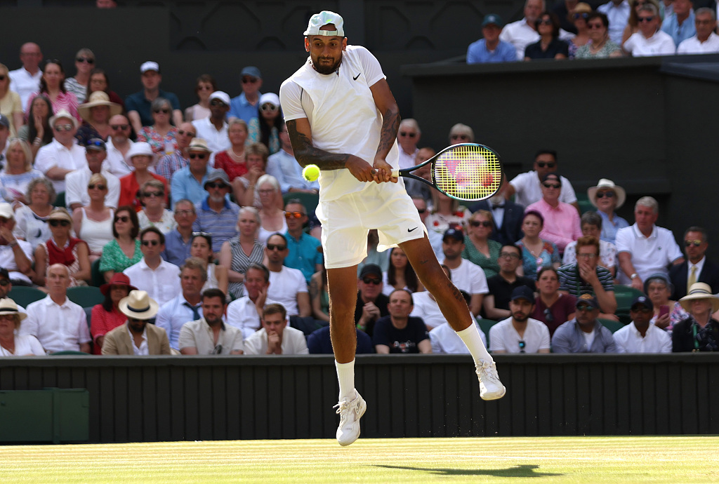 Nick Kyrgios of Australia competes in the Wimbledon Championships men's singles final match against Novak Djokovic at the All England Lawn Tennis and Croquet Club in London, England, July 10, 2022. /CFP 