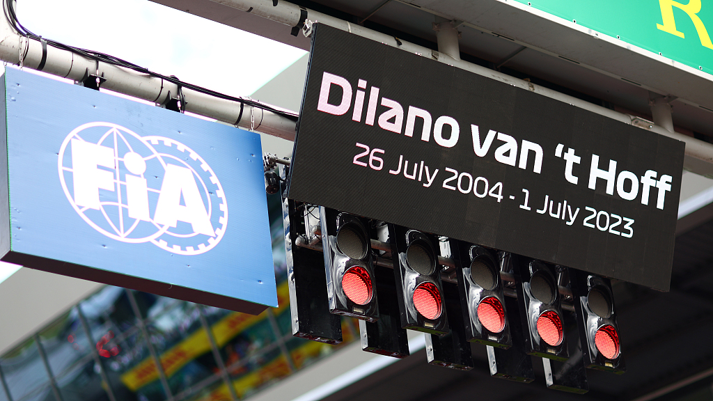 A screen indicating a minute's silence on the passing of Dilano van't Hoff of Netherlands and MP Motorsport in the Formula Regional European Championship is seen at the F1 Grand Prix of Austria in Spielberg, Austria, July 2, 2023. /CFP