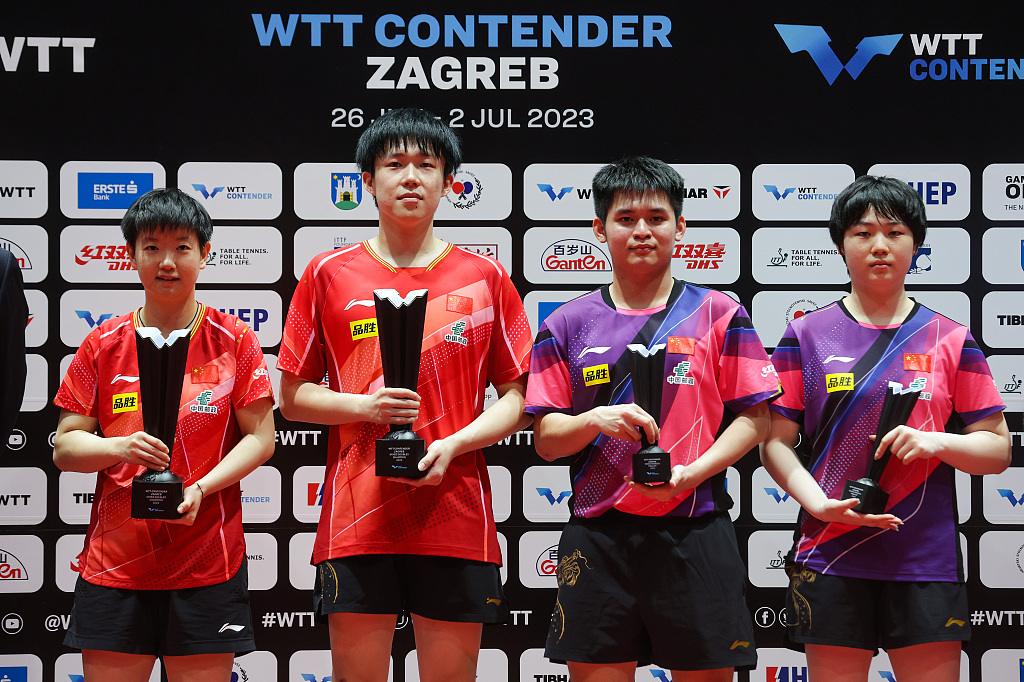 (L to R) Gold medalists Sun Yingsha and Wang Chuqin and silver medalists Lin Shidong and Kuai Man of China pose on the podium during the medal ceremony at the WTT Contender Zagreb 2023 in Croatia, July 1, 2023. /CFP
