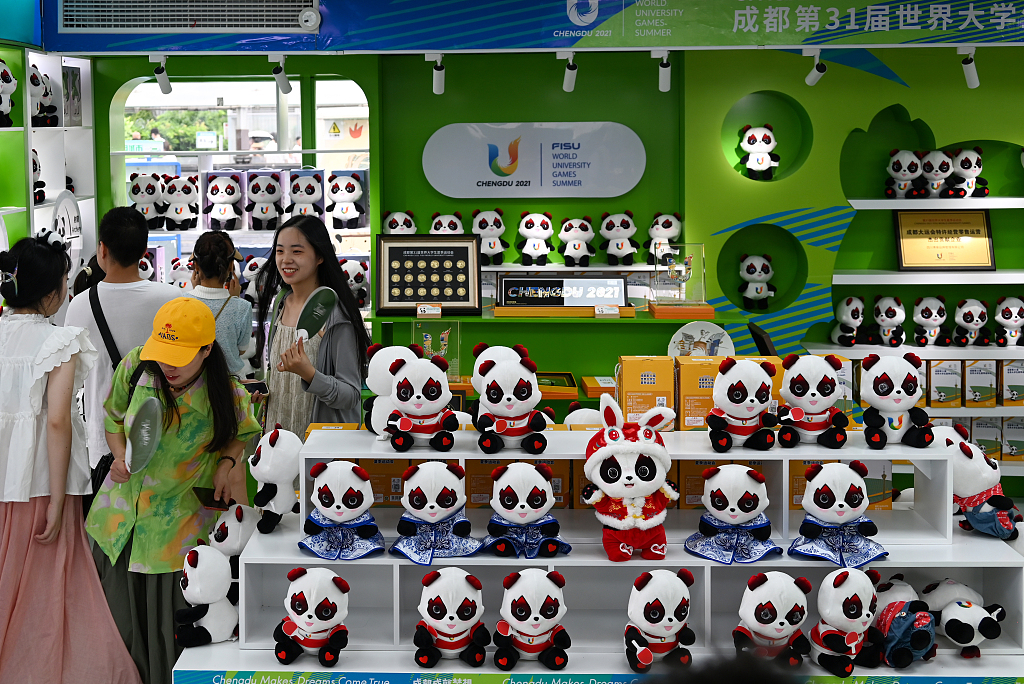 Panda shaped souvenirs are on display in the store for the Chengdu 2021 University Games in Chengdu, southwest China's Sichuan Province, July 2, 2023. /CFP 