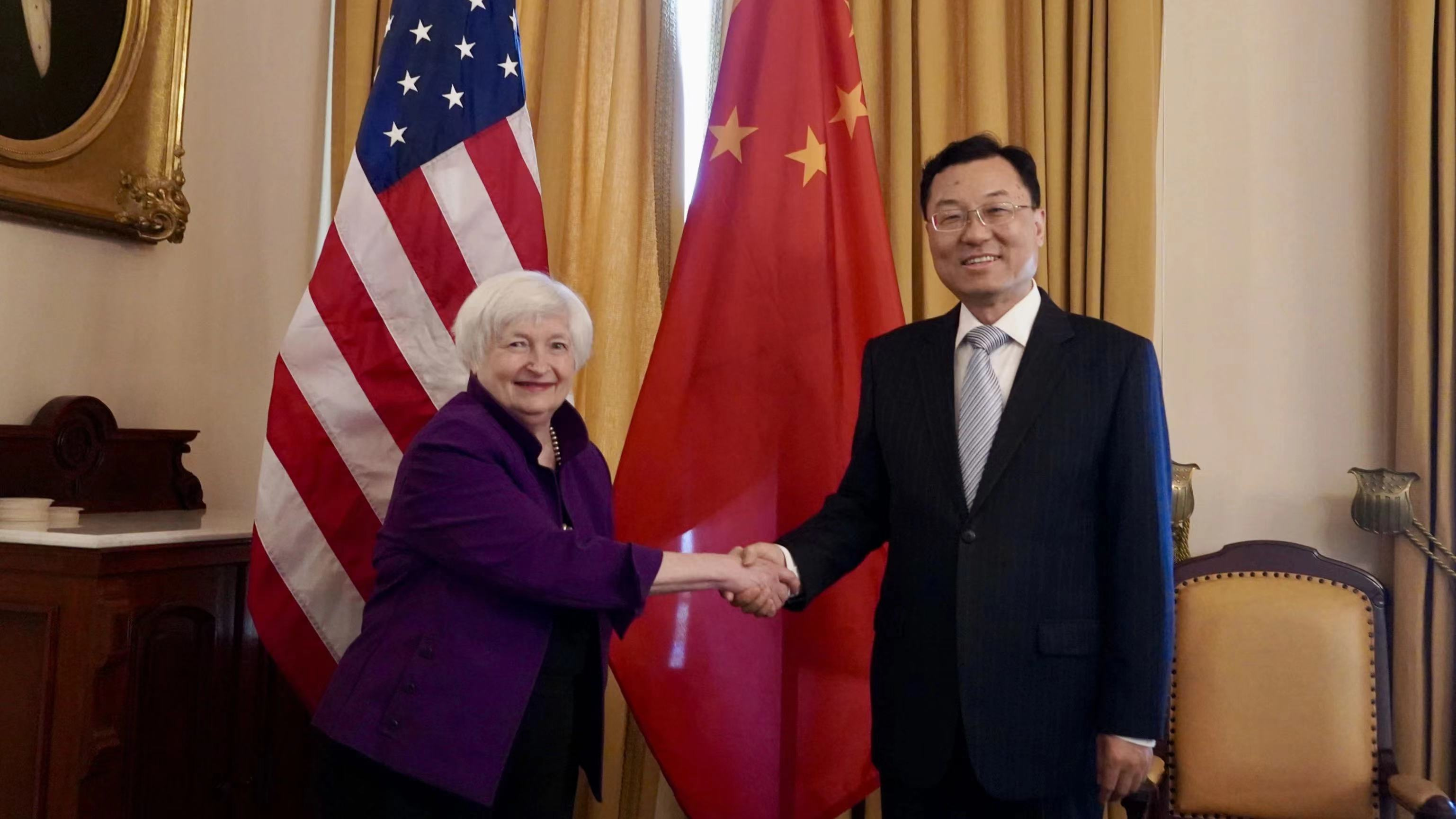Chinese Ambassador to the United States Xie Feng (R) meets U.S. Secretary of Treasury Janet Yellen in the United States, July 3, 2023. /Chinese Embassy