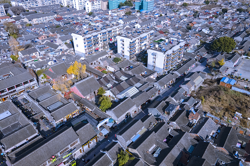 An aerial photo shows a panorama of Dongguan Street in Yangzhou, Jiangsu Province. /CFP