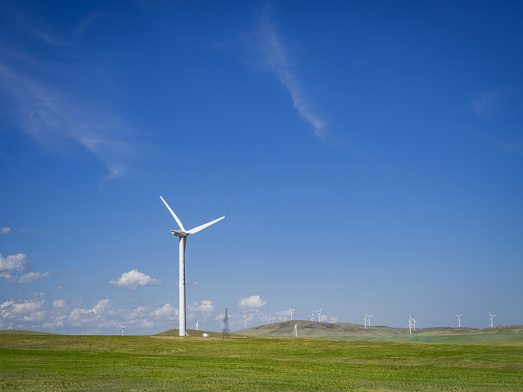 Wind turbines stand tall on the vast grasslands of Hulun Buir in north China's Inner Mongolia Autonomous Region, June 26, 2023. /CFP