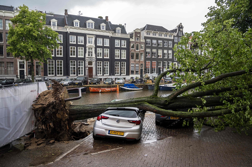 A storm-damaged tree lies on a vehicle on the Keizersgracht in the center of Amsterdam, the Netherlands, July 5, 2023. /CFP