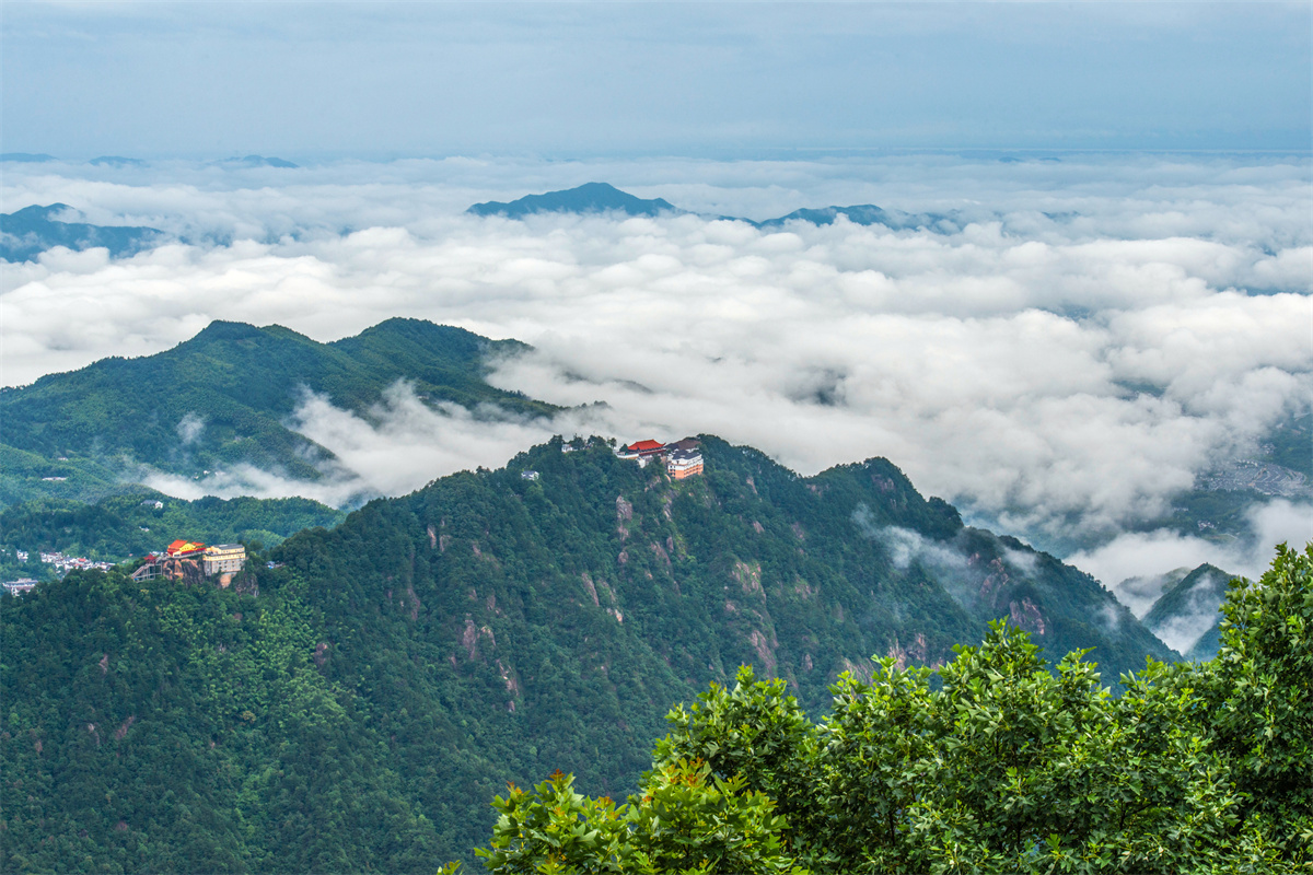 An undated photo shows the Mount Jiuhua in Anhui Province shrouded in rolling clouds. / Photo provided to CGTN