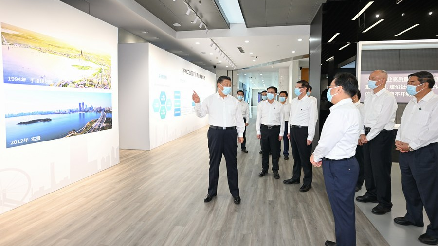 Chinese President Xi Jinping, also general secretary of the Communist Party of China (CPC) Central Committee and chairman of the Central Military Commission, visits the exhibition center of the Suzhou Industrial Park in Suzhou, east China's Jiangsu Province, July 5, 2023. /Xinhua