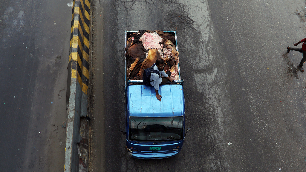 Raw cow hides on a truck during Eid al-Adha in Dhaka, Bangladesh, June 29, 2023. /CFP