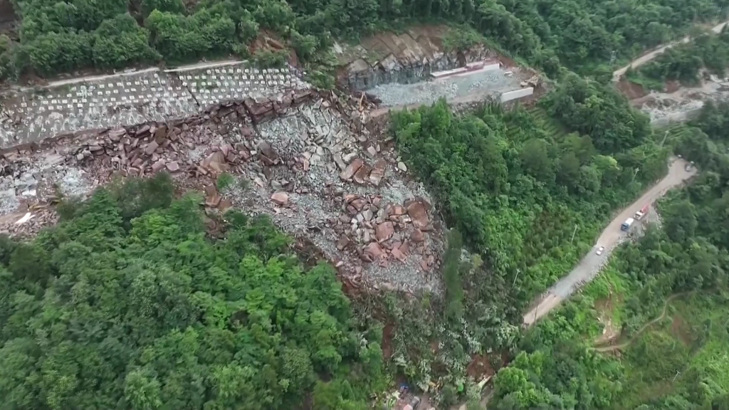 A landslide hit a highway construction site in Yueshan Village, central China's Hubei Province, July 8, 2023. /CFP