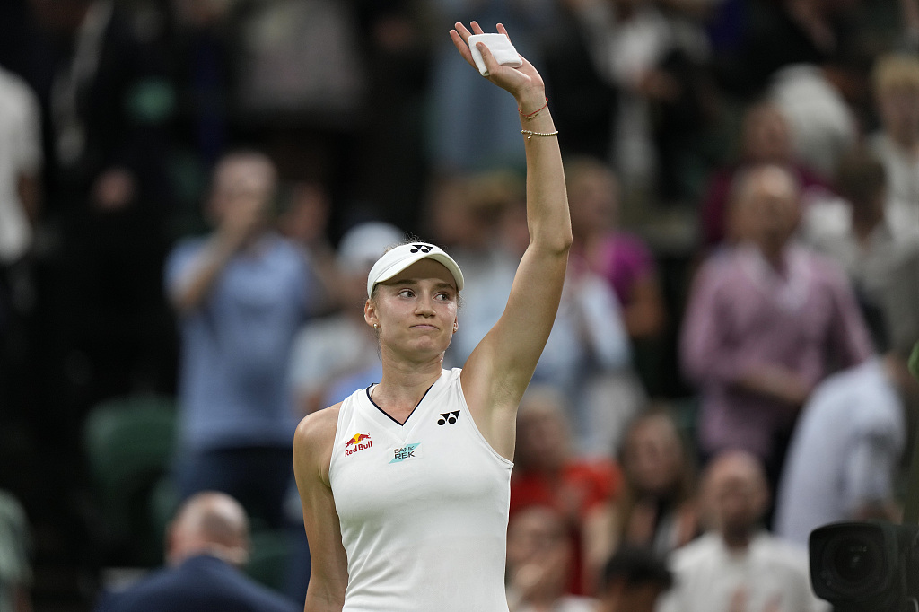 Elena Rybakina of Kazakhstan celebrates after her match with Britain's Katie Boulter (not pictured) during the Wimbledon tennis championships in London, England, July 8, 2023. /CFP