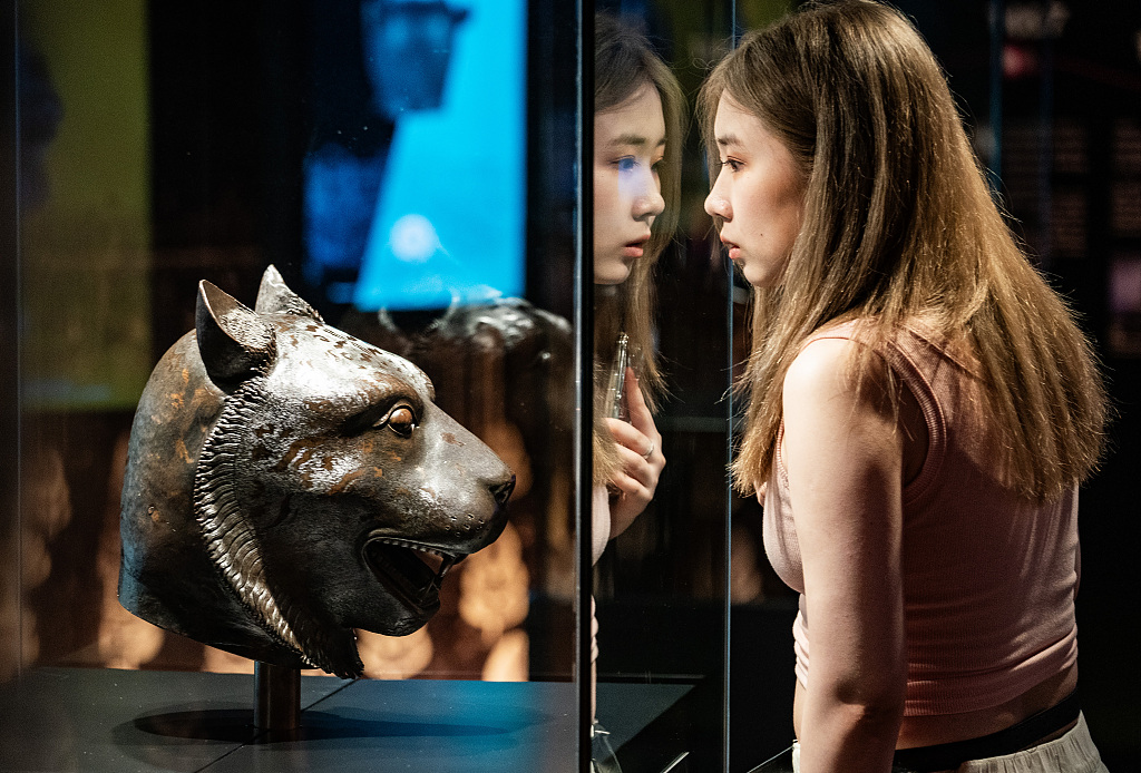 A visitor stands in front of the bronze tiger head sculpture, a treasure of Beijing's Old Summer Palace, on display at the City University of Hong Kong, July 4, 2023. /CFP