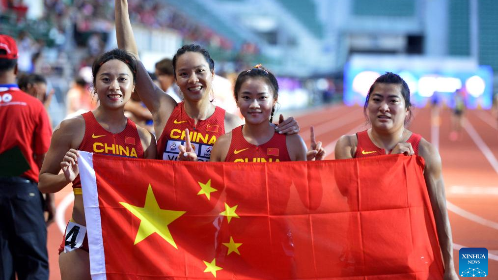 Team China celebrate after winning the women's 4x100m relay at Asian Athletics Championships in Bangkok, Thailand, July 12, 2023. /Xinhua