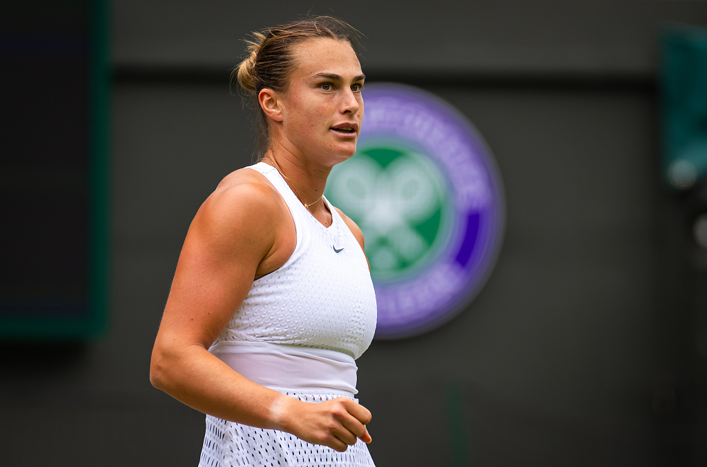 Aryna Sabalenka in action during Wimbledon Championships women's singles quarterfinal round in London, UK, July 12, 2023. /CFP