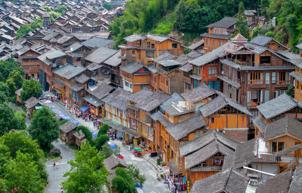 A partial view of the residential architecture of Dong people in the ancient Zhaoxing Dong Village in Guizhou Province /CFP