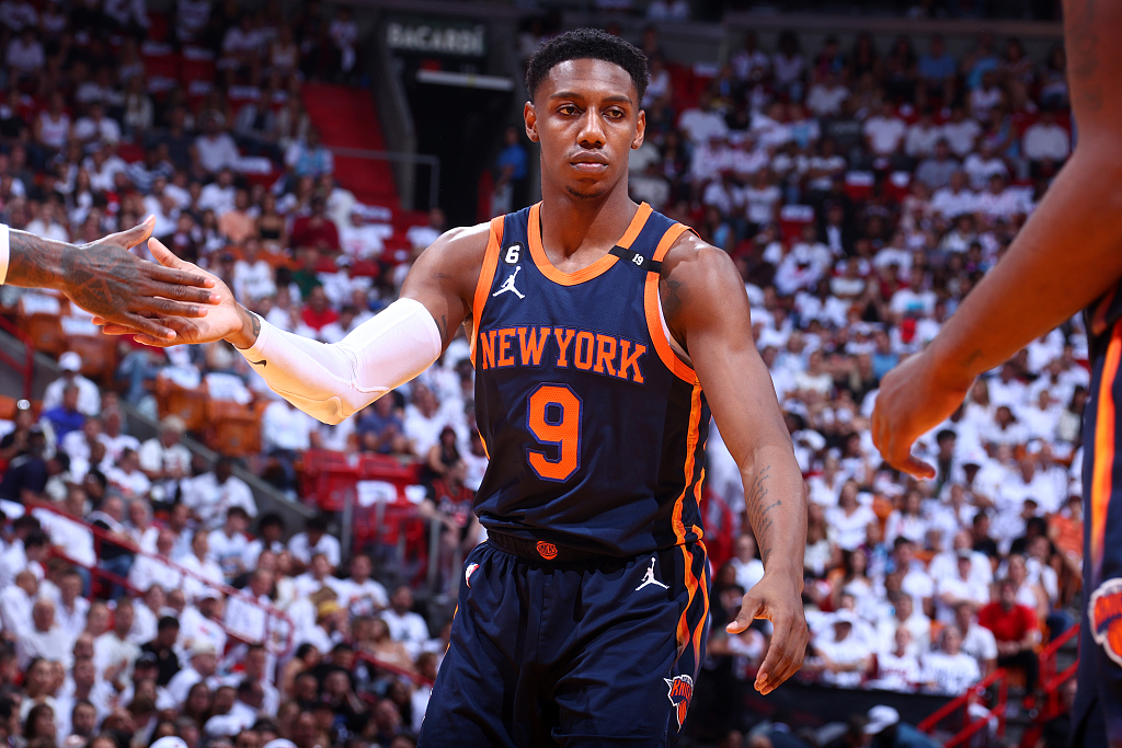 RJ Barrett of the New York Knicks looks on during Game 6 of the NBA Eastern Conference semifinals against the Miami Heat at the Kaseya Center in Miami, Florida, May 12, 2023. /CFP