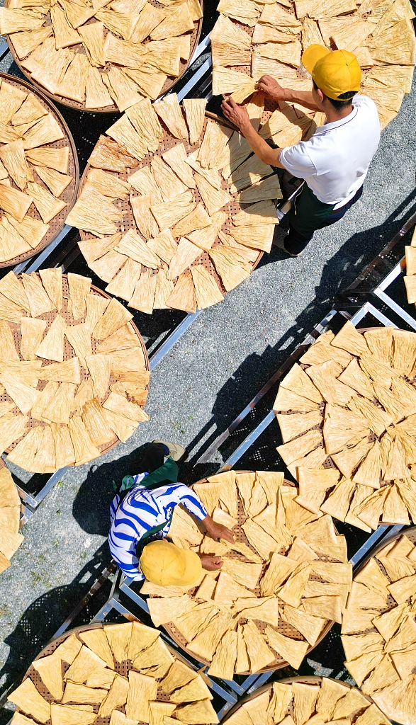 This photo taken July 14, 2023 shows residents of Ganzhou, Jiangxi Province busy sun-drying their handmade fuzhu. /CFP