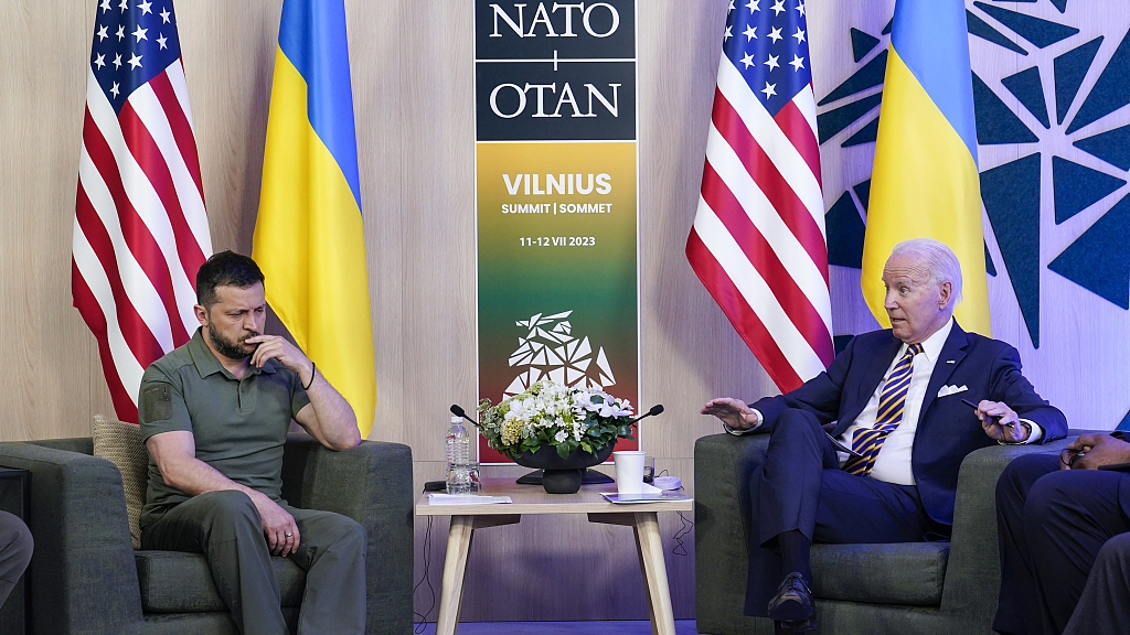 U.S. President Joe Biden speaks during a meeting with Ukraine's President Volodymyr Zelenskyy on the sidelines of the NATO summit in Vilnius, Lithuania, July 12, 2023. /CFP