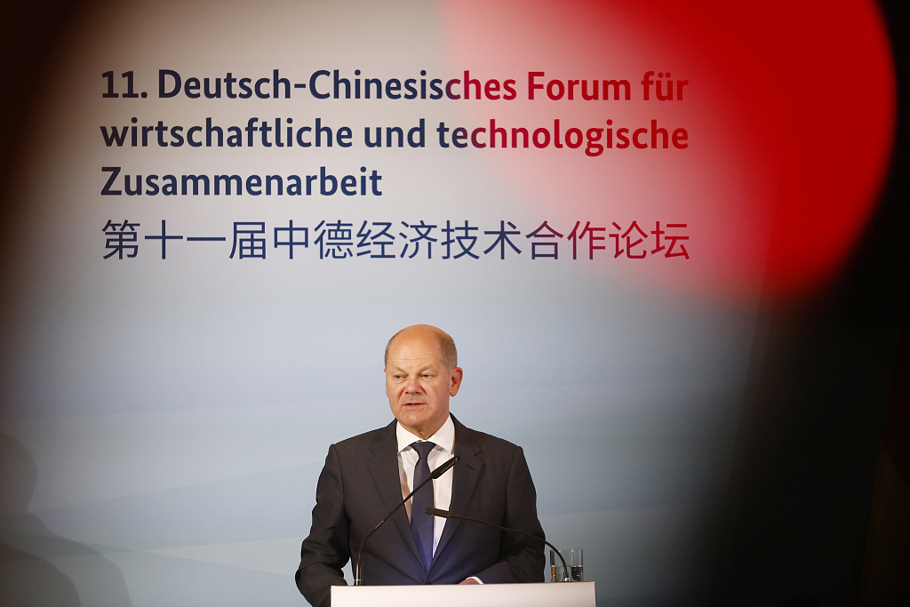 German Chancellor Olaf Scholz speaks during the closing ceremony of the 11th Germany-China Economic and Technical Cooperation Forum in Berlin, Germany, June 20, 2023. /CFP