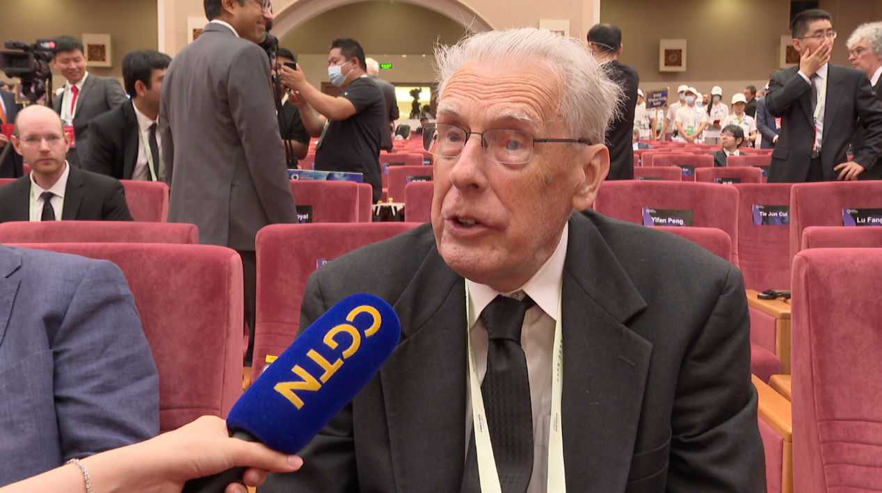 John Hopcroft, professor emeritus in computer science at Cornell University, speaks with CGTN on science education at the Great Hall of the People in Beijing, July 16, 2023. / CGTN
