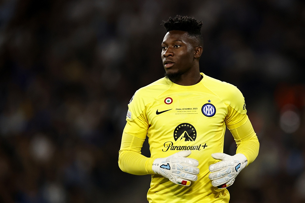 Andre Onana of Inter Milan looks on in the UEFA Champions League final against Manchester City at the Ataturk Olympic Stadium in Istanbul, Türkiye, June 10, 2023. /CFP